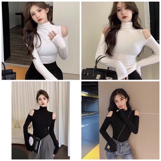 Áo kiểu thun croptop tay dài cổ lọ hở hai vai cho nữ