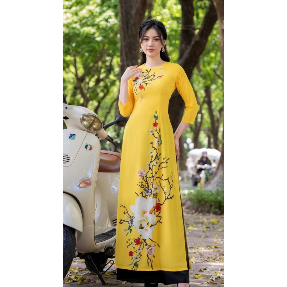 Áo dài nữ lụa Nhật truyền thống MINH KHANG in 6D may sẵn họa tiết áo tinh tế sang trọng kết hợp quần màu đen