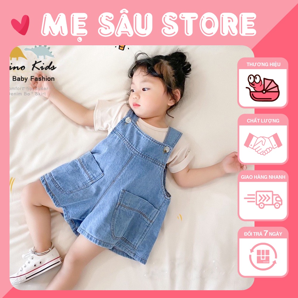 Yếm Jean Bé Gái MẸ SÂU STORE Sét Quần Yếm Bò Xanh Mềm Kèm Áo Trắng Cotton Cộc Tay và mũ Cho Bé
