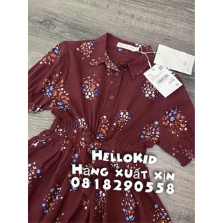 Váy viscose hoa nhí đỏ buộc eo bé gái