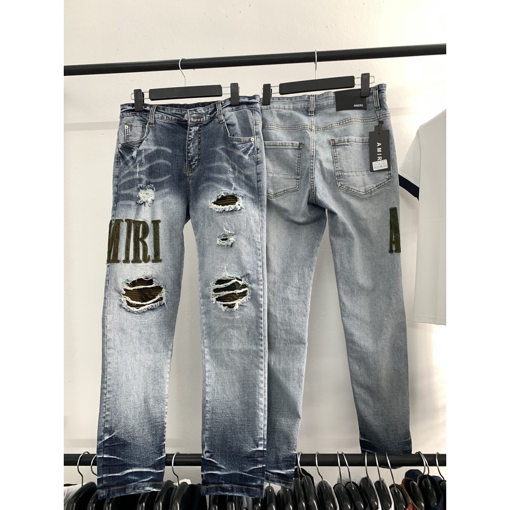 Quần jean nam rách vá vải 1055 dáng slim fit dày dặn co dãn tốt