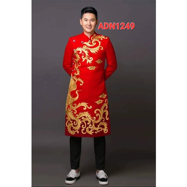 ADN1249 Áo Dài Cách Tân NAM MÀU ĐỎ VẼ HỌA TIẾT CHIM PHƯỢNG HOÀNG