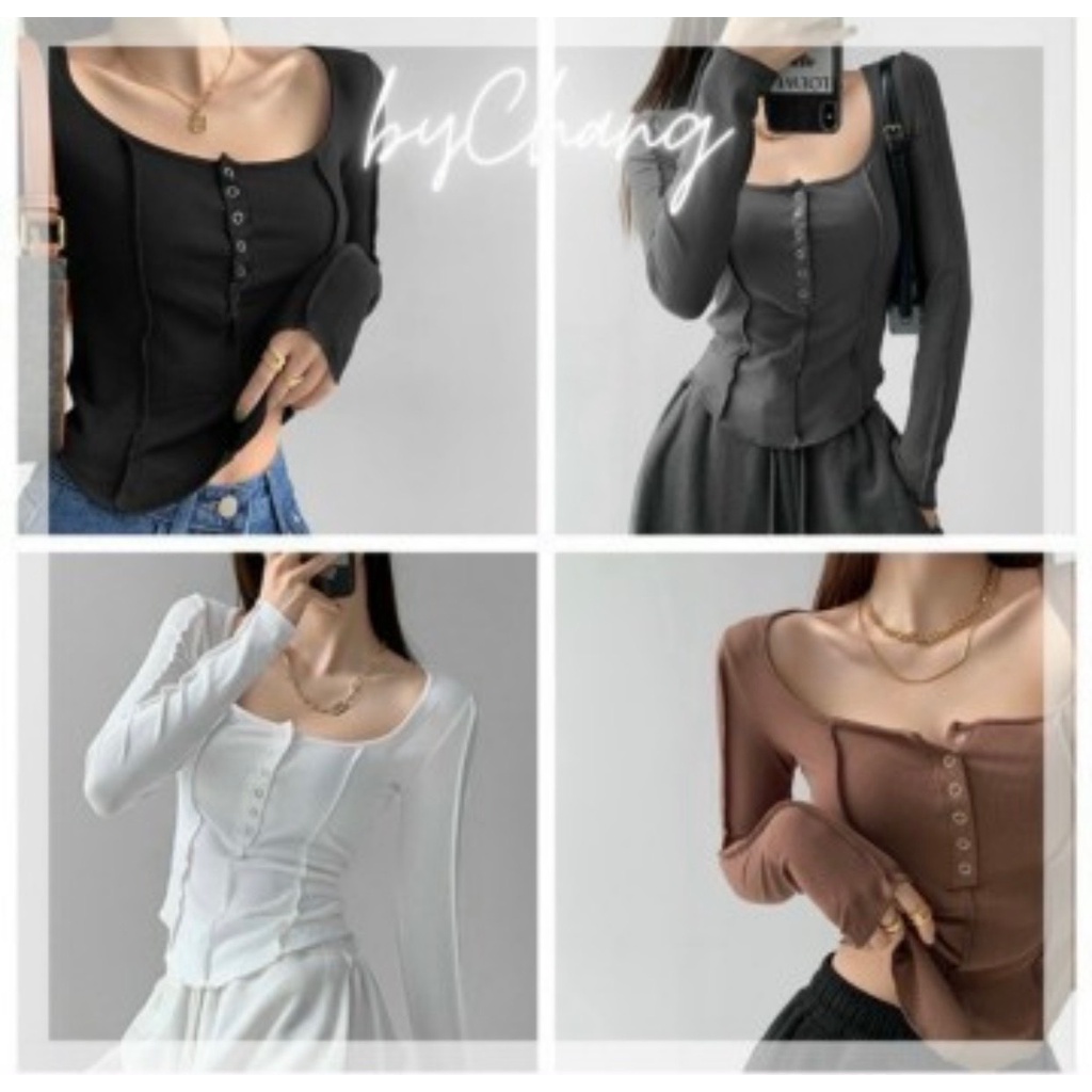 Áo thun gân dài tay viền nổi phối nút LADYGU