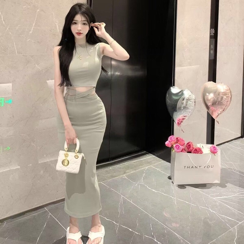 Set áo croptop chân váy dài dự tiệc, đi biển chân váy xẻ tà, áo 3 lỗ dây buộc lưng chất liệu thun tăm hàng qccc