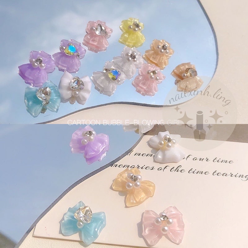 Charm Nơ Nhựa Màu Thạch Kim Tuyến Trang Trí Móng Hàn C9, Phụ Kiện Hạt Ngọc Trai / Nơ / Trái Tim Nhiều Màu Trang Trí Móng