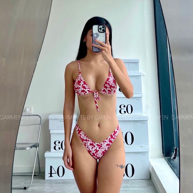 Bikini dáng tam giác buộc dây trước ngực vintage hoa nhí 2M0076