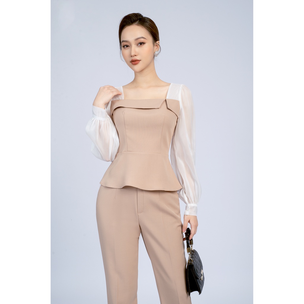 Set bộ quần dài, áo sơ mi cổ U tay voan dài MMOutfit SB0422126