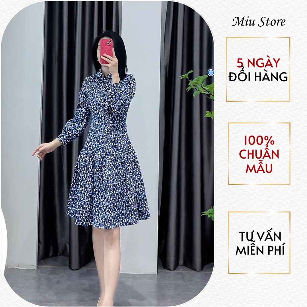 D00594 - Đầm liền hoa nhí dài tay cổ sen kèm dây trang trí Miu Store
