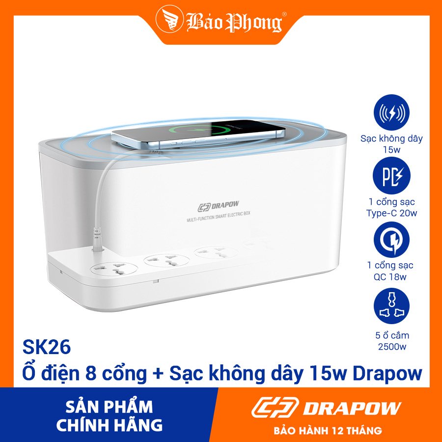 Ổ điện cao cấp Drapow SK26 5 ổ cắm 2500W, 1 cổng sạc Type C 20W, 1 cổng sạc QC 18W, 1 cổng USB-A 12W + sạc không dây