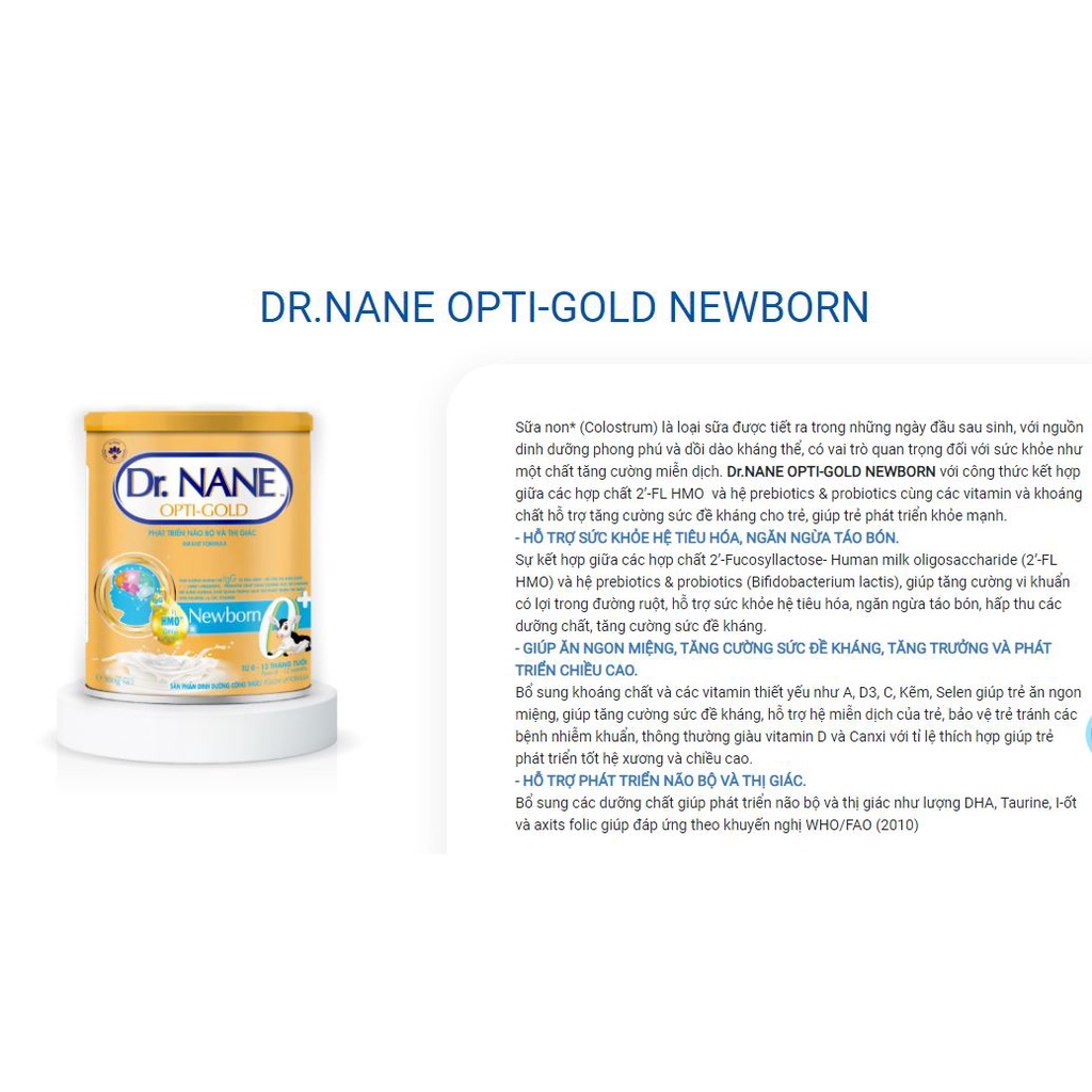 Sữa Non Dr.NANE OPTI-GOLD NEWBORN 0+ LON 800G, Phát triển toàn diện cho bé