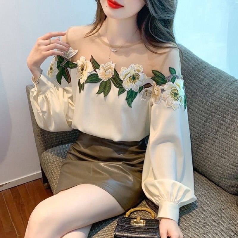 (Hàng order ) Áo kiểu thêu hoa phối lưới kèm Ảnh Thật
