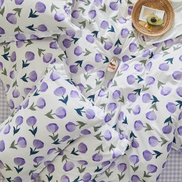 Bộ chăn ga gối 4 món cotton poly ETAMI hoa tulip tím , miễn phí bo chun ga giường  (chưa kèm ruột)