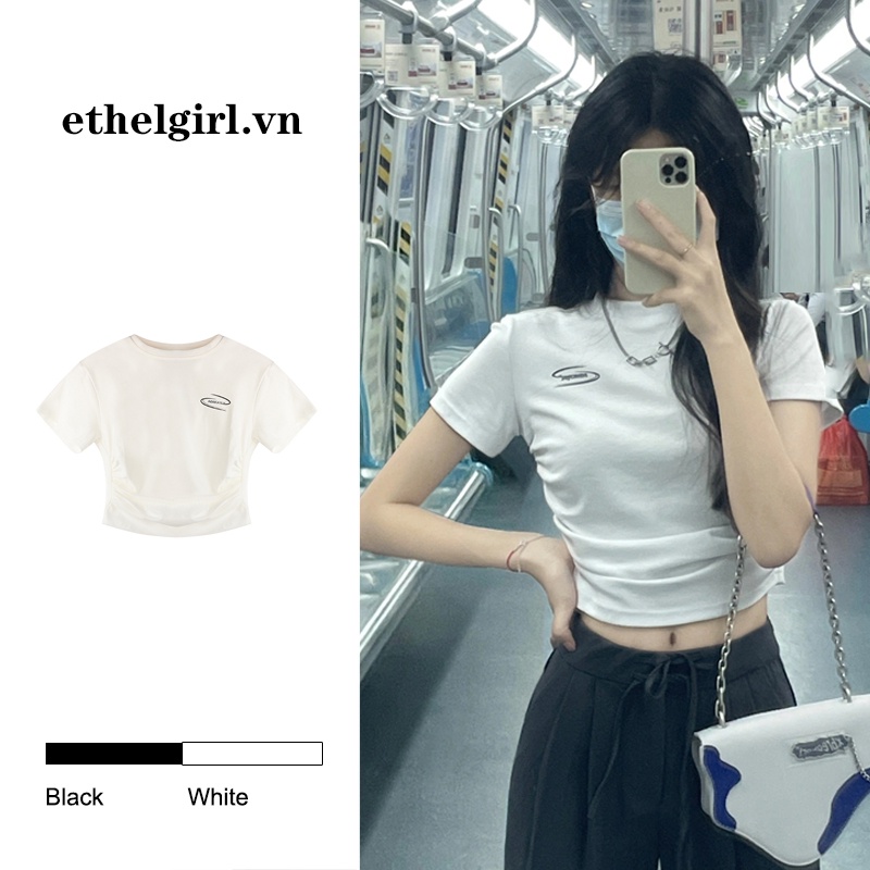 Ethelgirl Áo Croptop Tay Ngắn Cổ Tròn Thiết Kế Xếp Ly Quyến Rũ