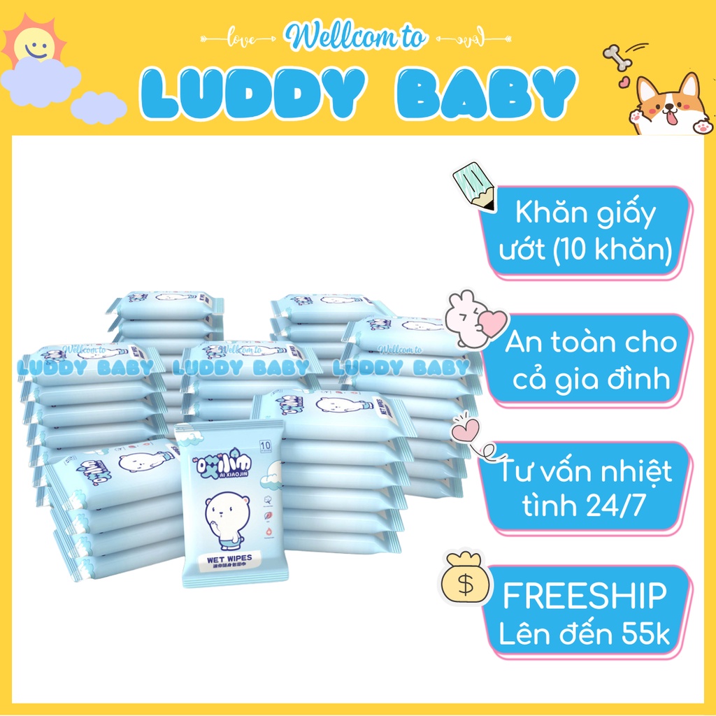 Khăn Giấy Ướt Mini, Giấy Ướt, Khăn Lạnh Không Mùi An Toàn Cho Bé (Túi 10 Khăn) Luddy baby