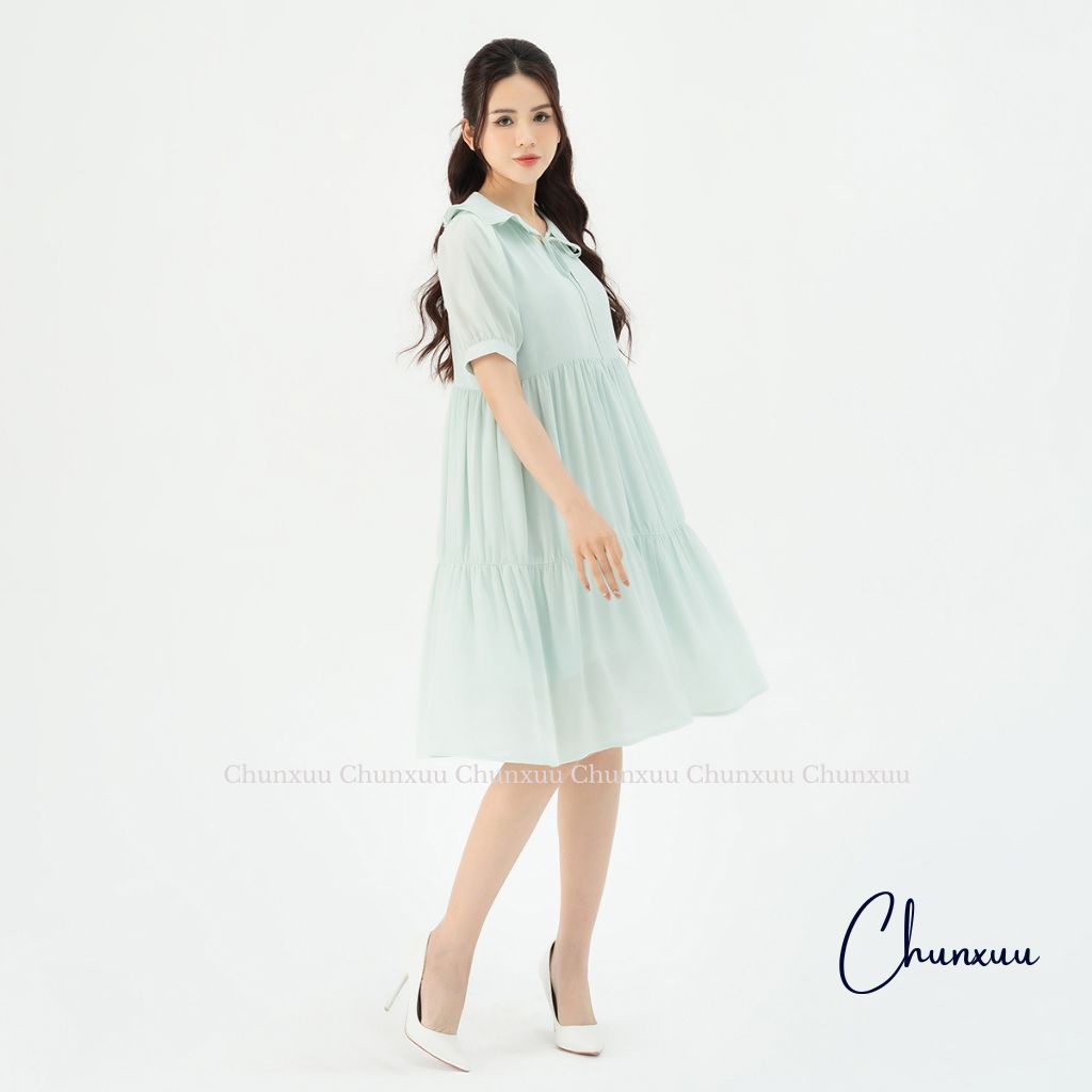 Váy nữ cổ bèo babydoll phối nơ có lót lụa dáng xòe nhẹ thiết kế trẻ trung chất tơ cao cấp ChunXuu V18