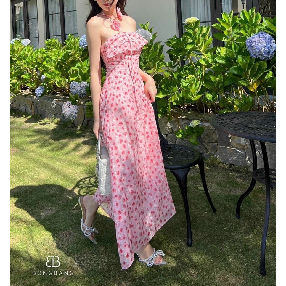 Váy đầm nữ cup ngực váy voan hoa nhí dáng dài kèm dây cổ dính hoa quyến rũ siêu hot