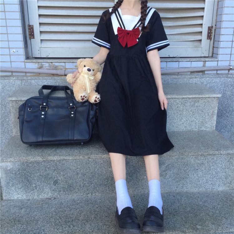 Happy-store ❤️ Chân váy chữ A dài vừa phải, cổ áo màu xanh hải quân, dài tay, ngọt ngào, phù hợp với tất cả các trường đ