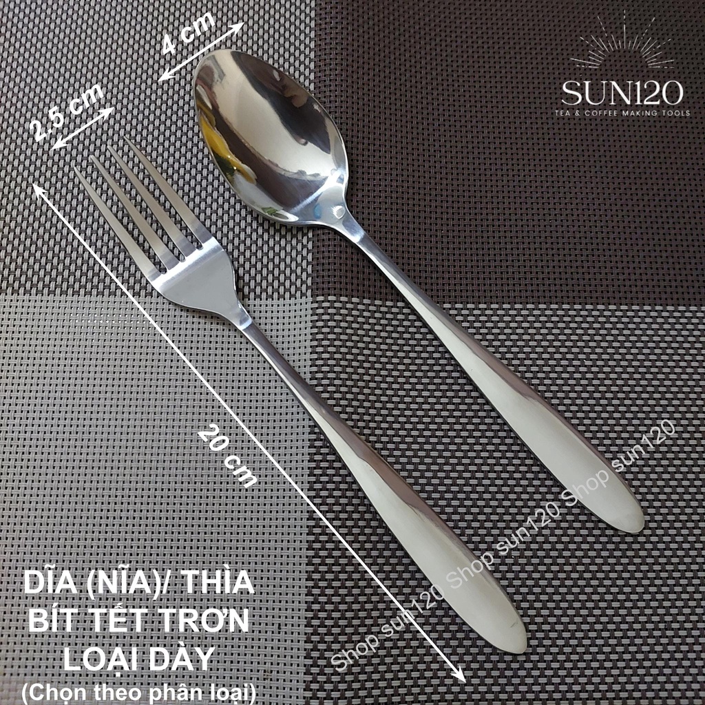 Thìa dĩa inox cán dài dày dặn ăn cơm cháo bít tết QQ trơn sáng bóng