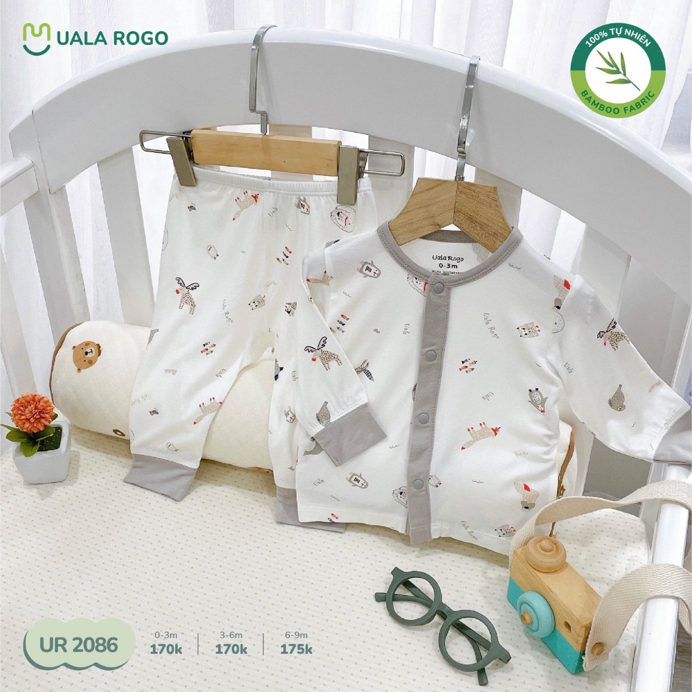 Bộ quần áo sơ sinh cho bé Ualarogo 0-9 tháng dài tay vải sợi tre BAMBOO cúc giữa mềm mại thấm hút thoáng mát 2086