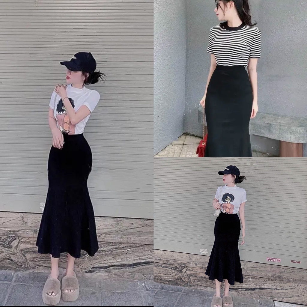 Set chân váy cô gái kẻ ngang xòe đuôi cá ngắn tay xuân hè MIVOSA SV345