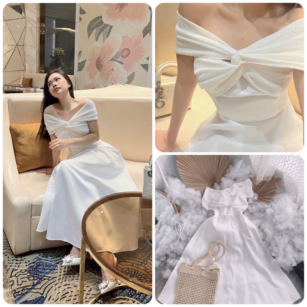 ĐẦM MIDI TRẮNG XÒE TRỄ VAI NƠ XOẮN NGỰC