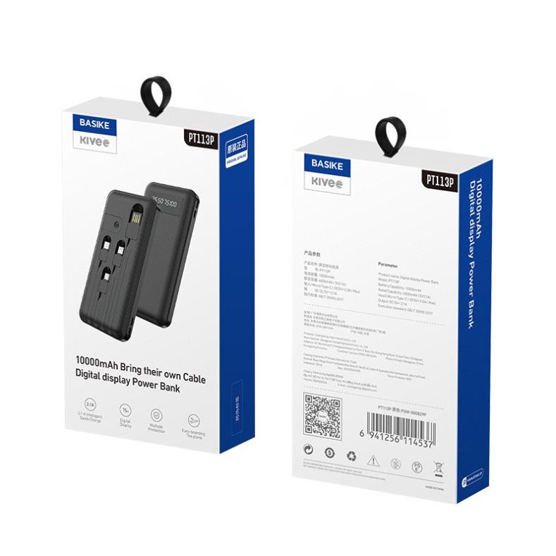 Pin Sạc Dự Phòng Kivee 10000mAh PT113P có tích hợp 3 dây cáp, sạc nhiều điện thoại cùng lúc - Hàng Chính Hãng
