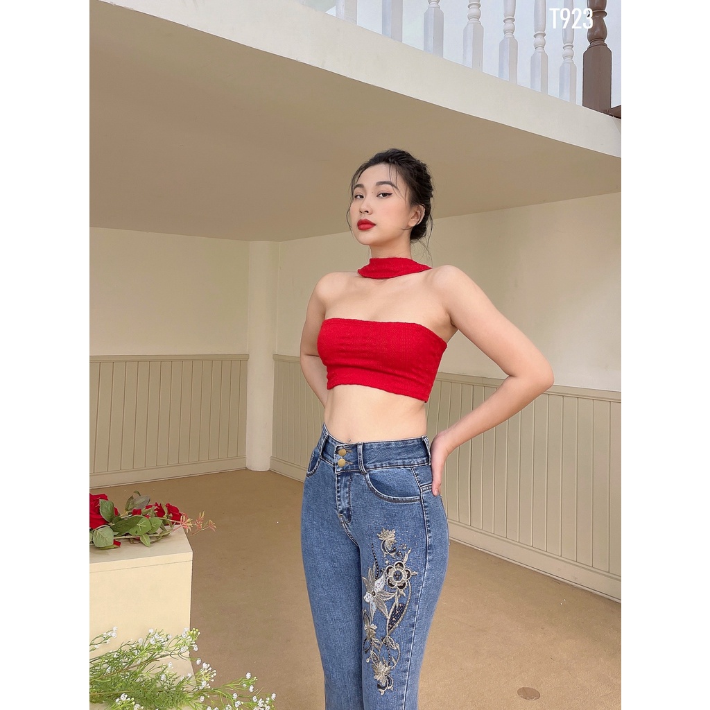 Quần jean Zada T923 thêu hoa xanh đá