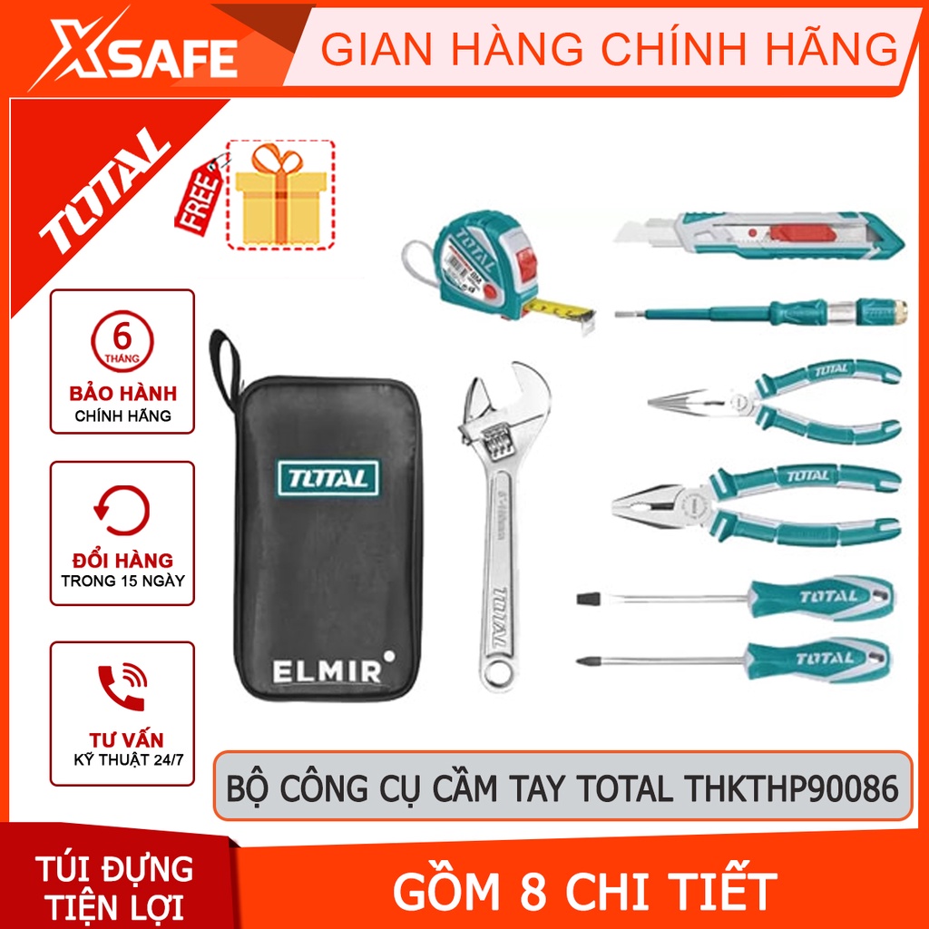 Bộ đồ nghề cầm tay 8 chi tiết TOTAL THKTHP90086 gồm thước cuộn, tua vít, mỏ lết, kềm cắt mỏ dài - chính hãng