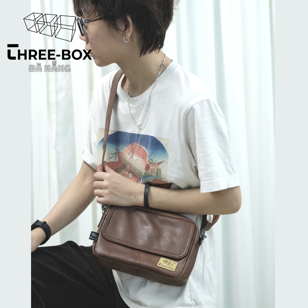 Threebox Cặp túi đeo chéo da unisex chính hãng thời trang