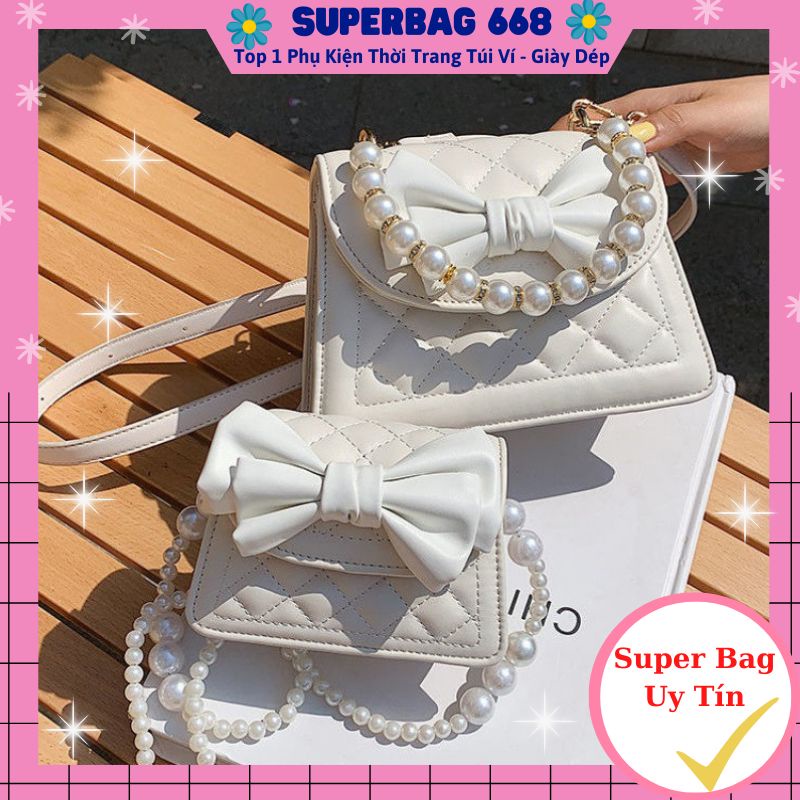 Túi Đeo Chéo Nữ Đẹp 2 Size, Túi Đeo Vai Đính Nơ Quai Ngọc Hottrend 100