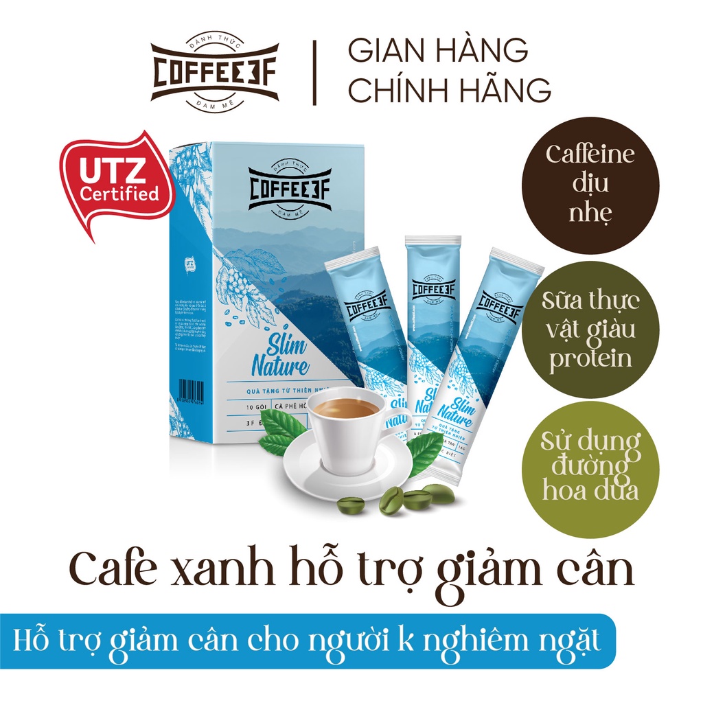 (Dạng stick cân) Cà phê hòa tan hỗ trợ giảm cân gói 16g cafe xanh và đường hoa dừa Slim Nature - Coffee 3F