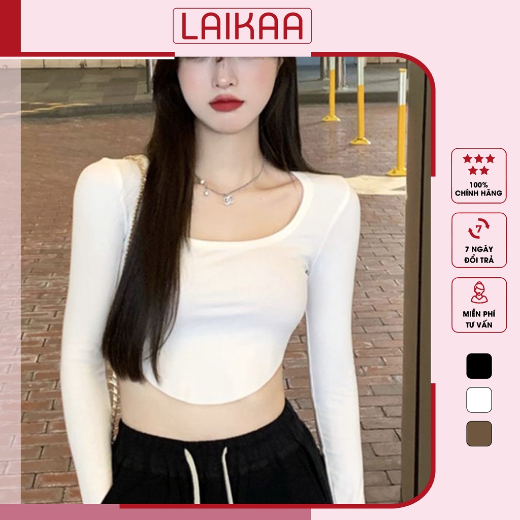 Áo thun croptop tay dài cổ tròn dáng ôm vạt bầu bất đối xứng phong cách Hàn Quốc Laikaashop - C03