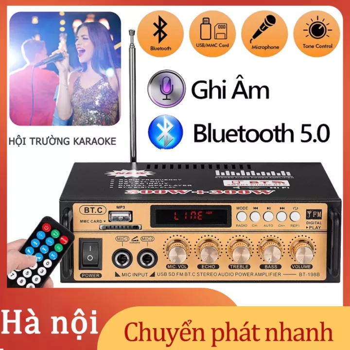 Âm Ly Mini, Amly Mini Bluetooth + Ghi âm BT198B-B , Amply Gia đình, Xe Hơi - Công Suất Khủng, Loa Bass 25