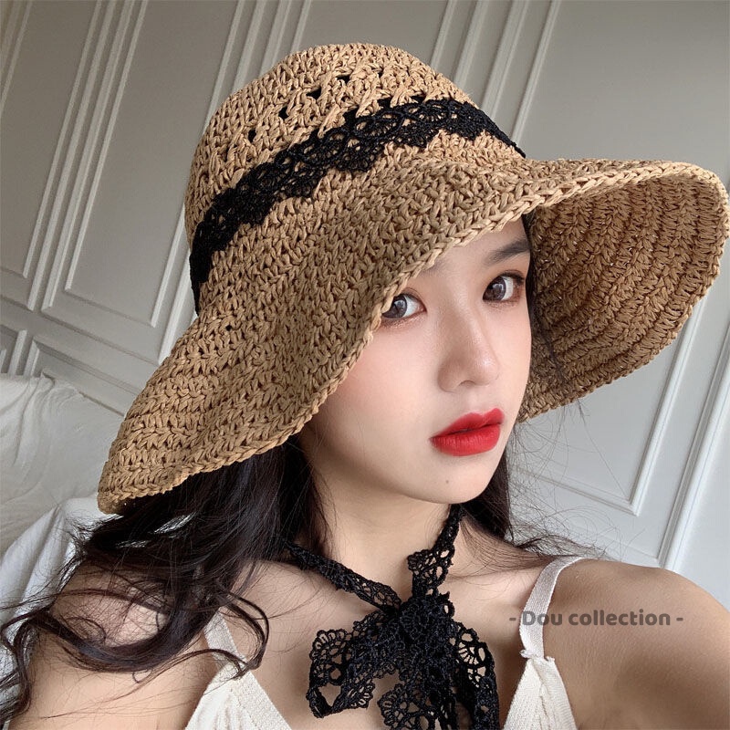 Mũ cói đi biển nữ đẹp mềm, Nón che nắng mềm dễ dàng gấp gọn phối dây ren đen màu nâu, be thời trang mùa hè - Mã NC035