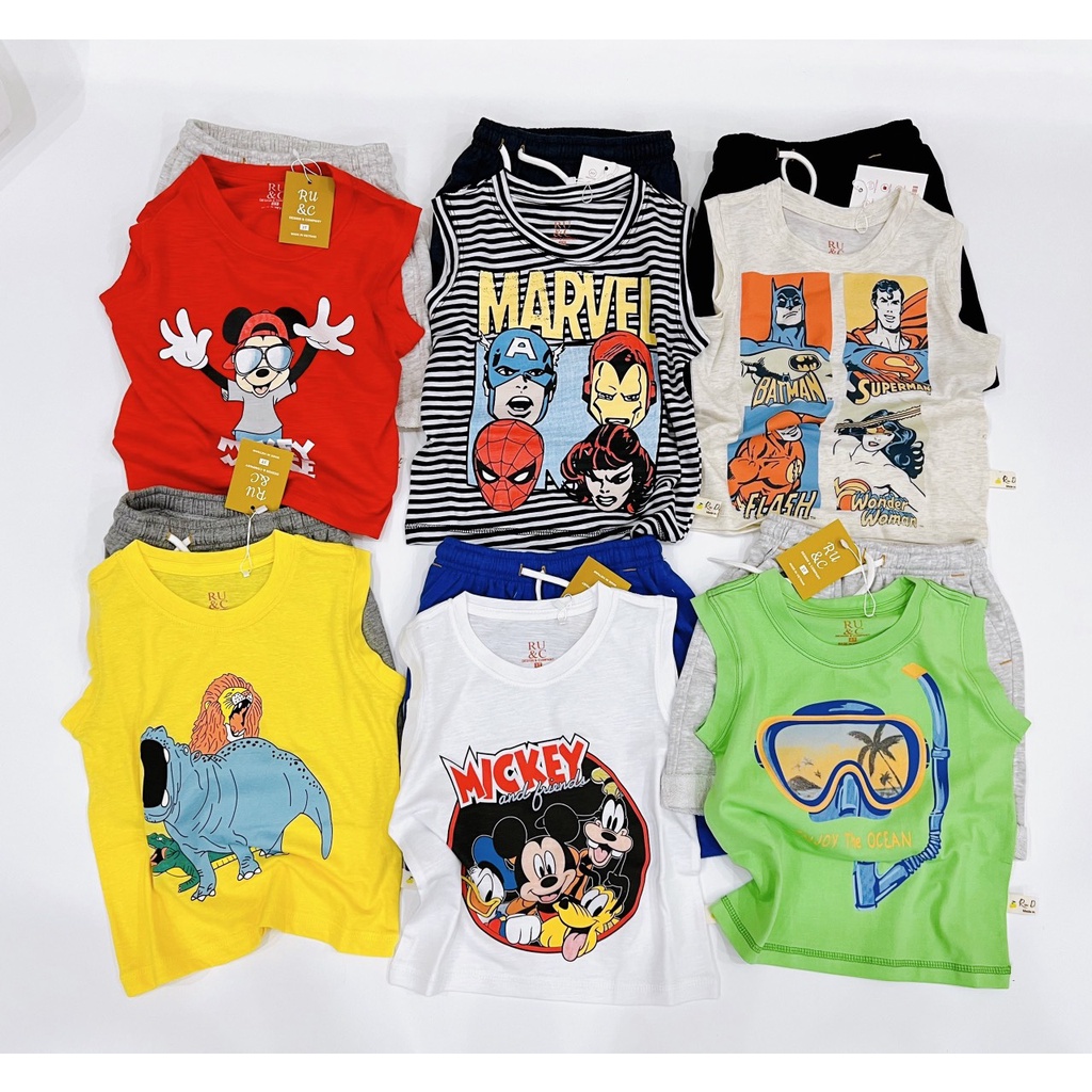 🎈Set bé trai bộ quần áo bé trai RU DESIGN áo cotton sát nách quần da cá in mickey siêu nhiêu marvel🎈