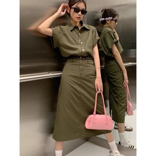 SET ÁO XANH CỔ SƠ MI CHÂN VÁY MIDI