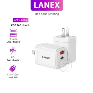 Cóc sạc nhanh lanex lct - p07a 1 cổng usb 1 cổng type c 3.0a pd qc3.0 20w