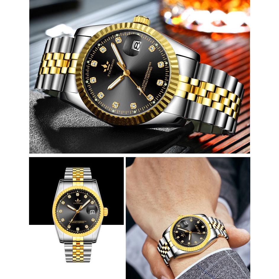 Đồng Hồ Nam FOURRON F723ff  Mặt số Đính Đá thiết kế sang trọng chống nước 3ATM Doanh Nhân Dây Thép KhôngGỉ