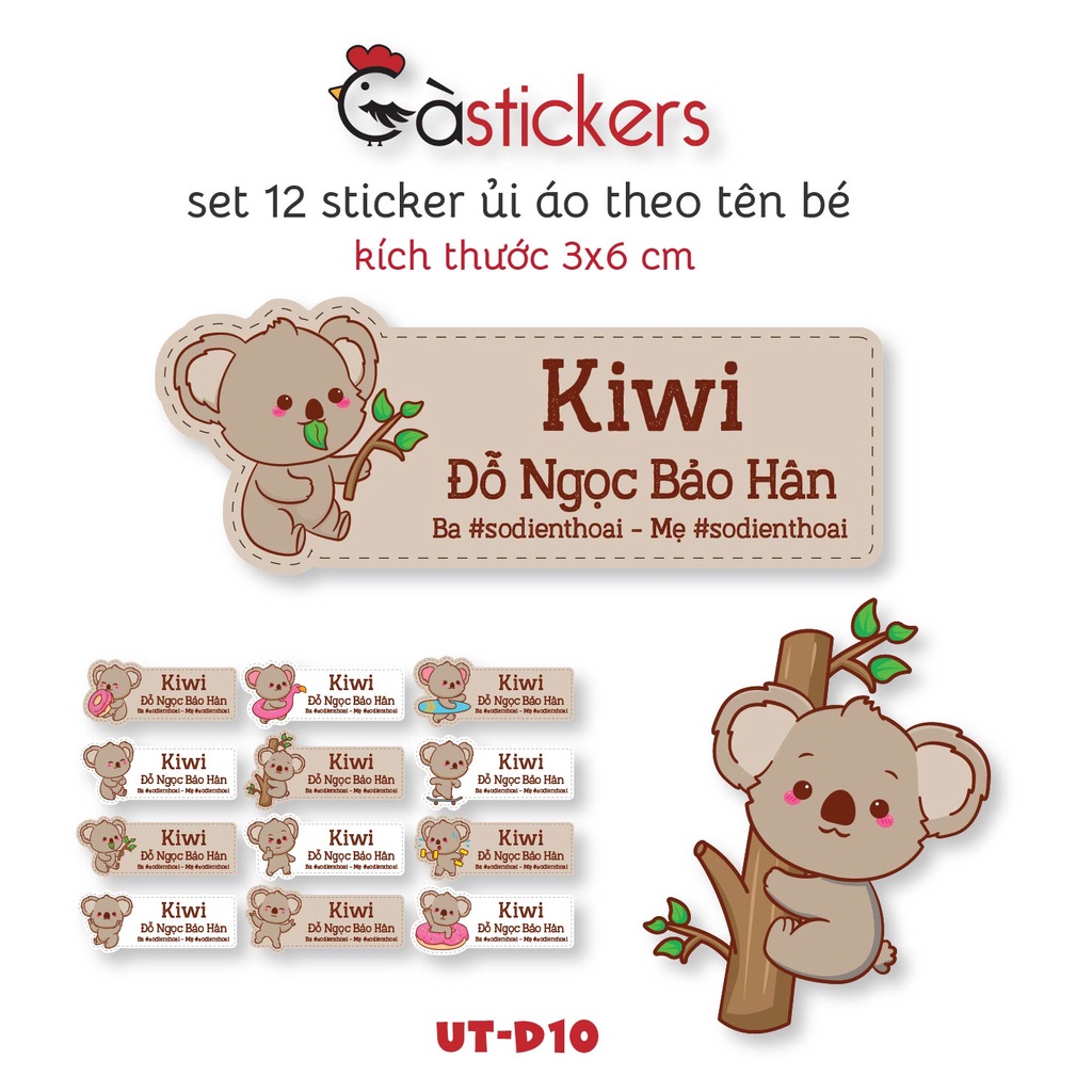 Sticker ủi áo in tên trẻ em GaStickers UT-D10- bộ 12 miếng kích thước 3 x 6 cm