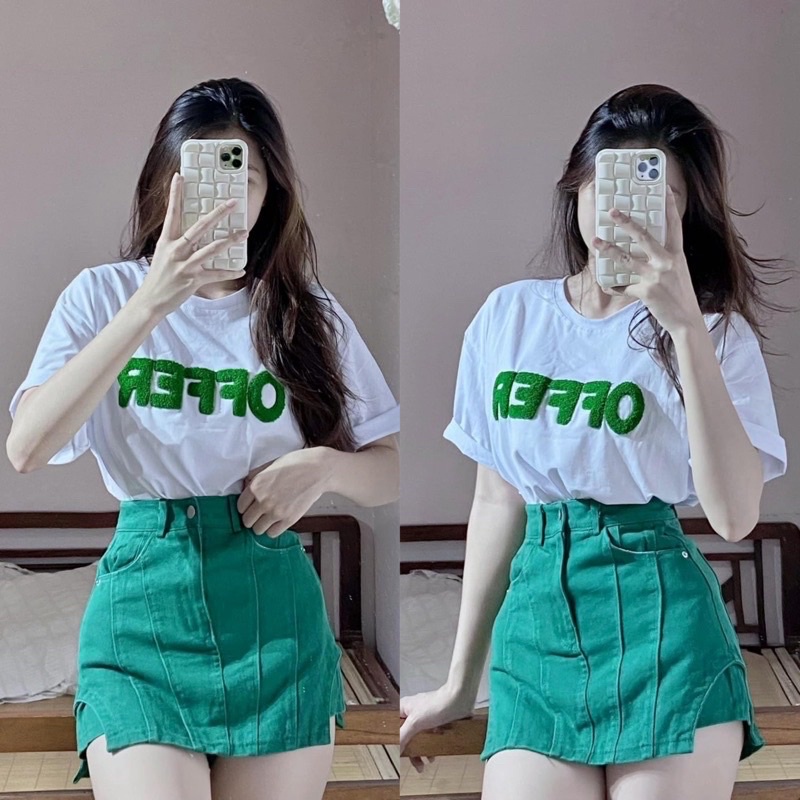 Sét áo phông chữ off mix chân váy xanh siêu xinh (kèm ảnh thật)