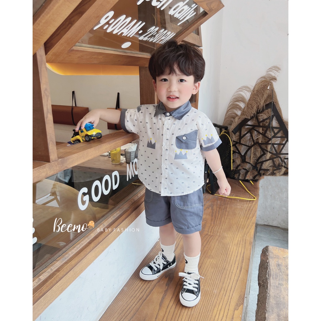 Set sơmi in hình vương miện cho bé trai Beemo, Chất liệu sơ mi siêu mềm mát xịn xò,thiết kế áo phối túi ngực B281