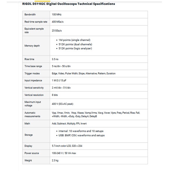 Máy hiện sóng số Rigol DS1102C, 100MHZ, 2 kênh - 400 MSa/s Sampling, USB Storage chất lượng cao