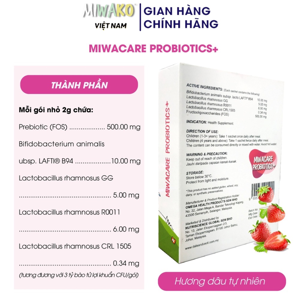 Men Vi Sinh Cho Bé Miwacare Probiotics+ Hộp 10 gói Vị Dâu - Miwako Official Store