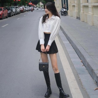 ÁO SƠ MI TRƠN CROPTOP DÀI TAY TÚI NGỰC BASIC (Có ảnh thật)