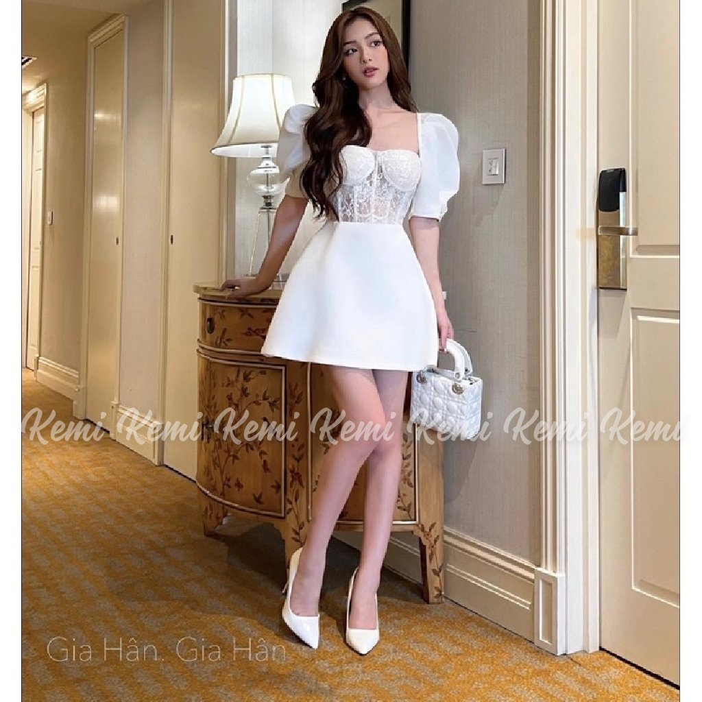 Đầm váy nữ Tafta cổ vuông tay bồng phối eo ren xương cá thiết kế