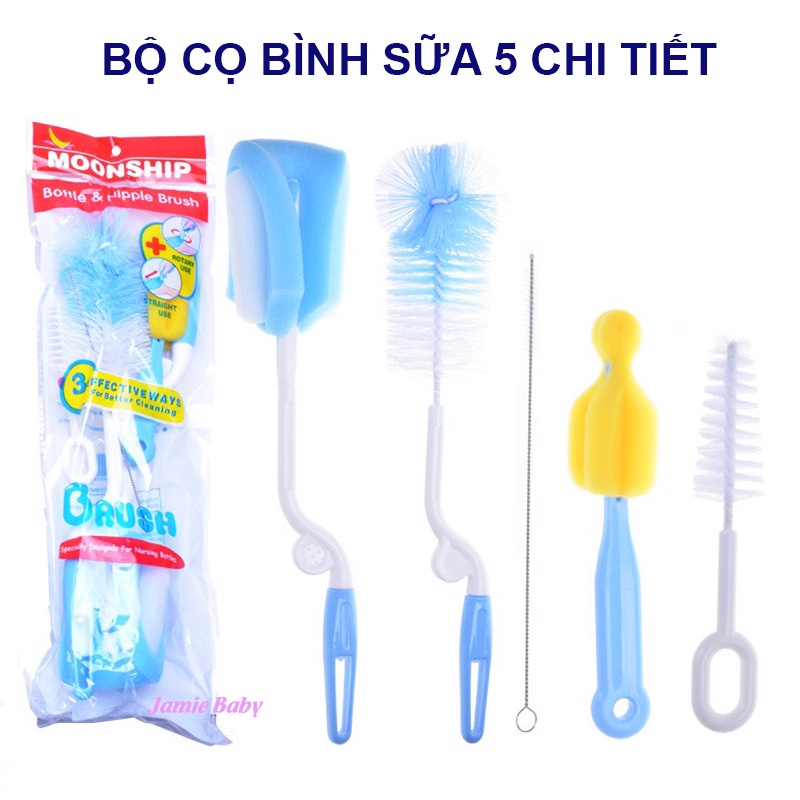 Bộ cọ rửa bình sữa, Cọ bình sữa 5 chi tiết xoay 360 độ siêu tiện lợi, jamiebaby chăm sóc trẻ sơ sinh