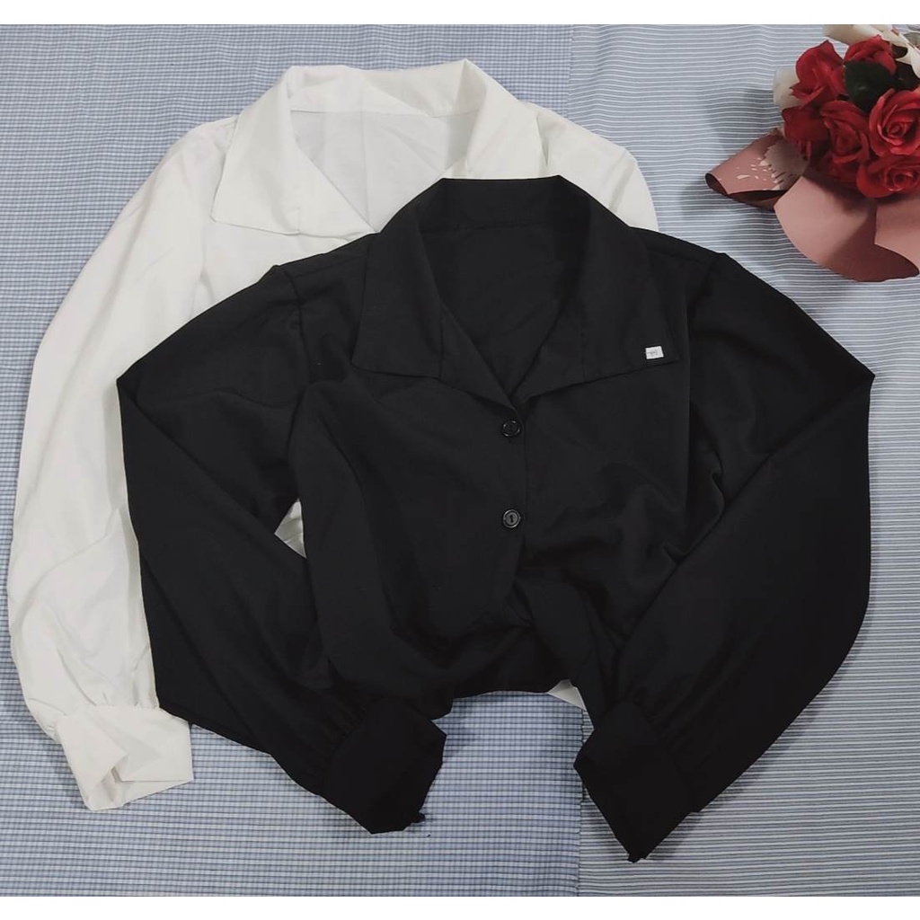 Áo Sơ Mi Croptop Trơn Xoắn Eo Tay Dài