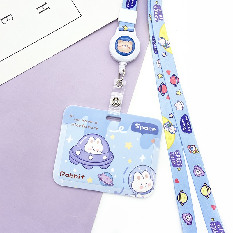 Bao đựng thẻ ngang họa hình thỏ kèm dây đeo cổ nút rút co dãn cute