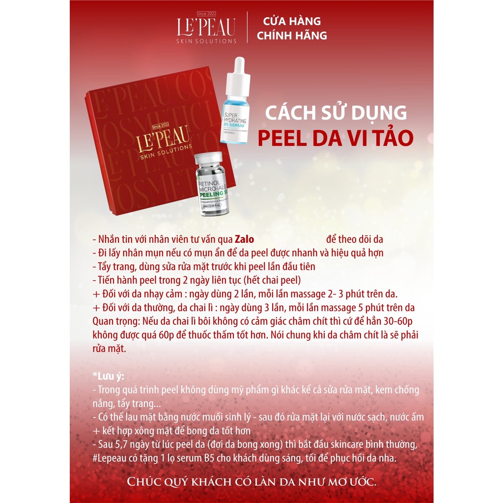 Peel Da Vi Tảo Retinol Le'peau 10ml 3-7 ngày Giúp loại bỏ tế bào chết trên da, làm mờ thâm
