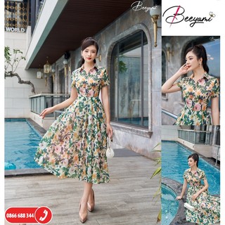 Đầm Xòe Hoa Cổ Đức Ngắn Tay - Vải voan Oraganza 2 lớp họa tiết cao cấp, Với thiết kế cổ Đức sang trọng
